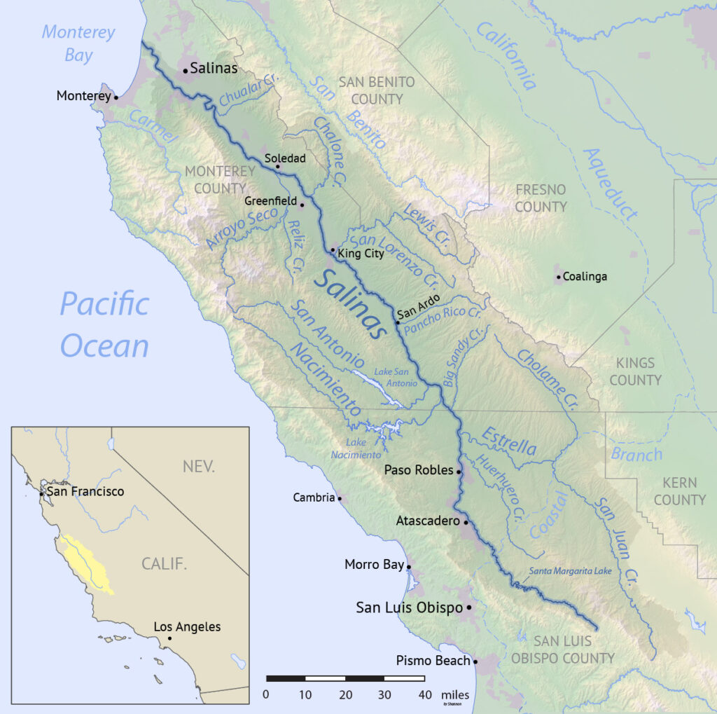 Map showing the route of the Salinas River through California.